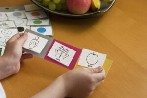 Child's hands holding three pictures. One on left is a figure of a person that says I (me). Middle picture is two hands that says want. The picture on the right is an apple.
