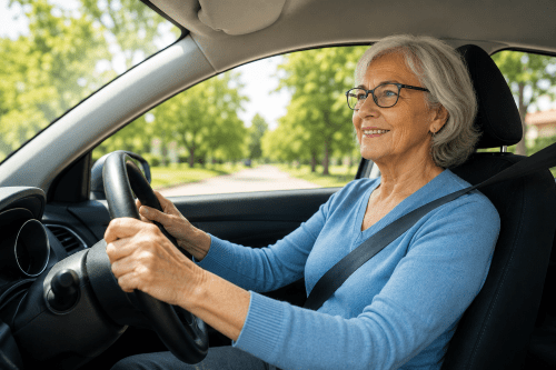 Woman in drivers seat holding the steering wheel