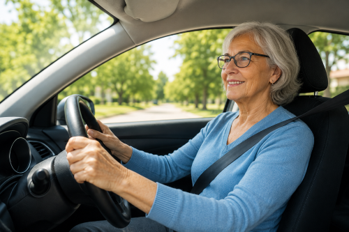 Woman in drivers seat holding the steering wheel
